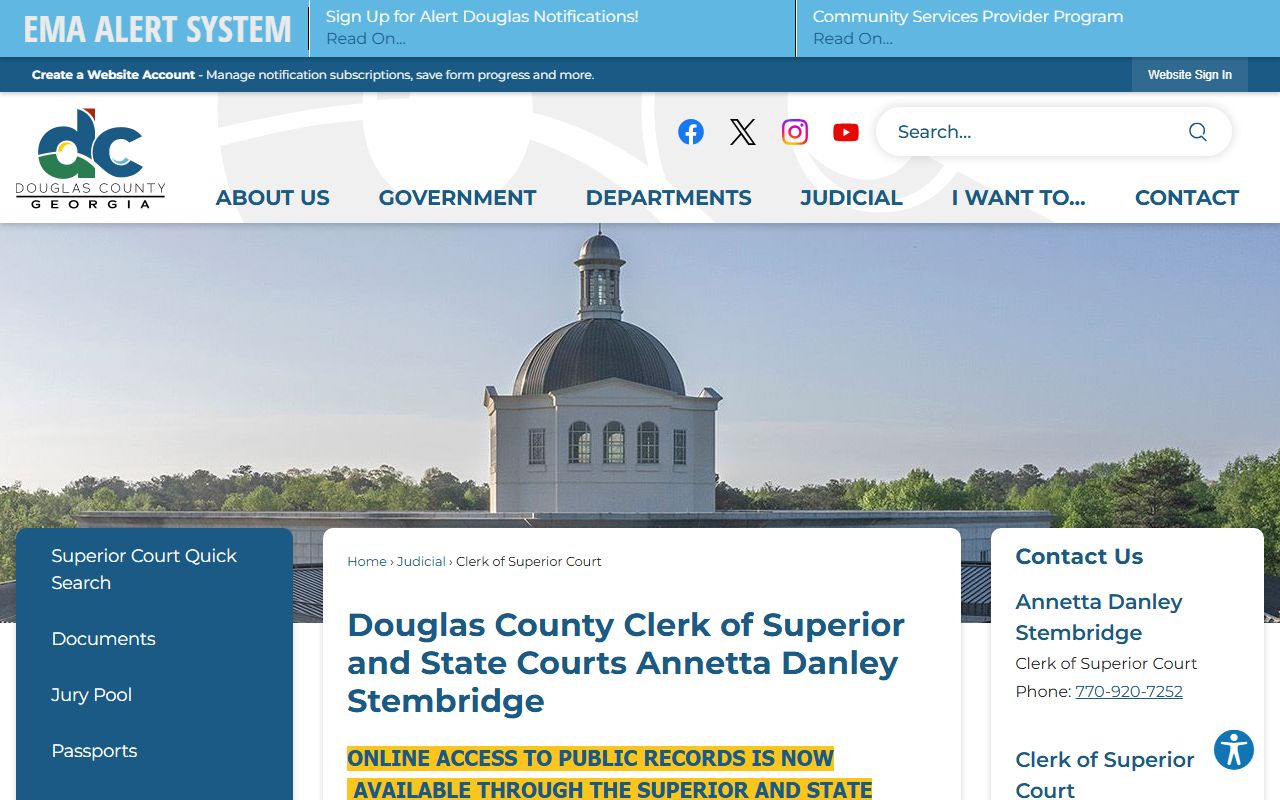 Douglas County Clerk of Superior Court website showing services and contact information for dissolution of marriage records