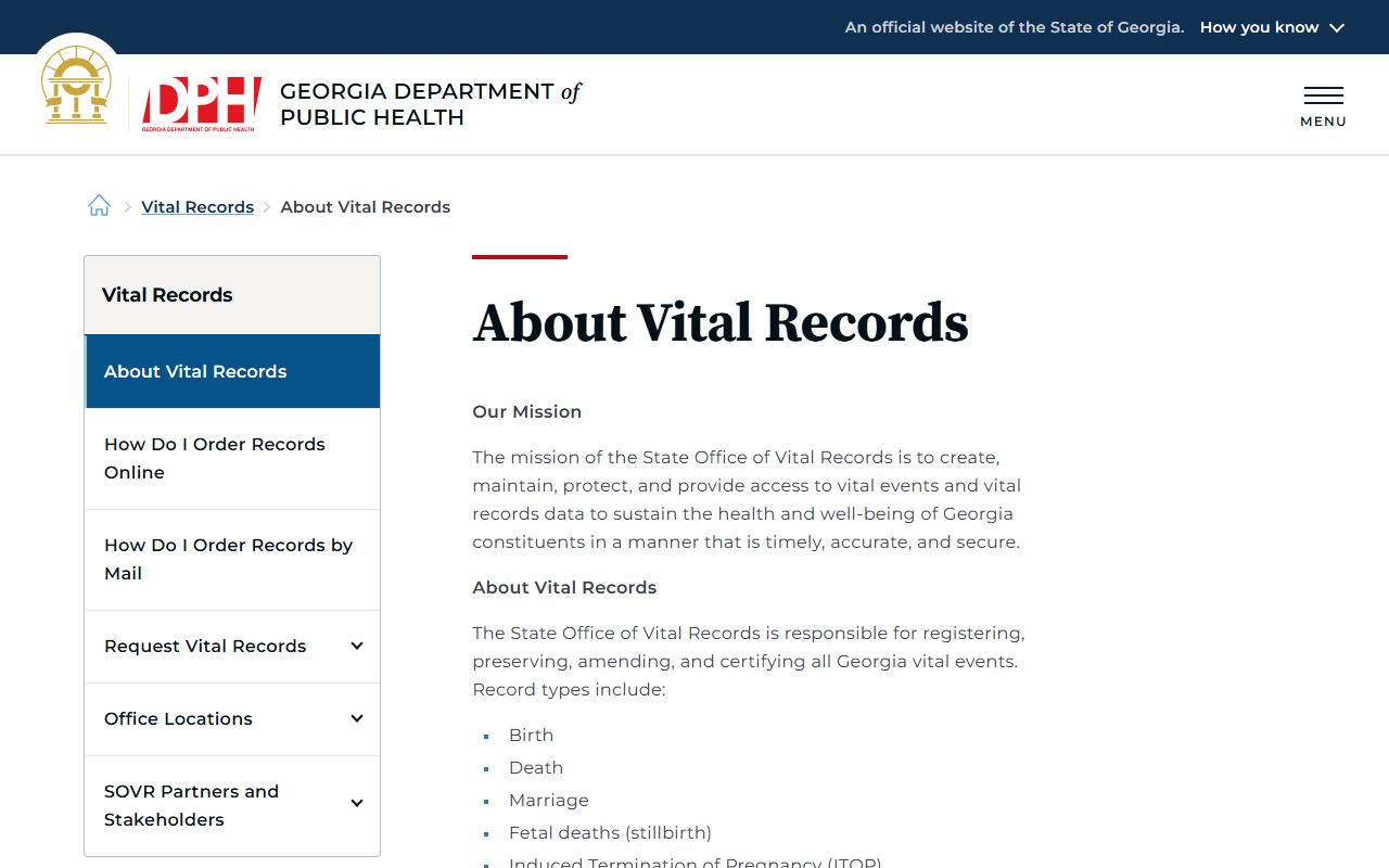About vital records information page from the Georgia Department of Public Health