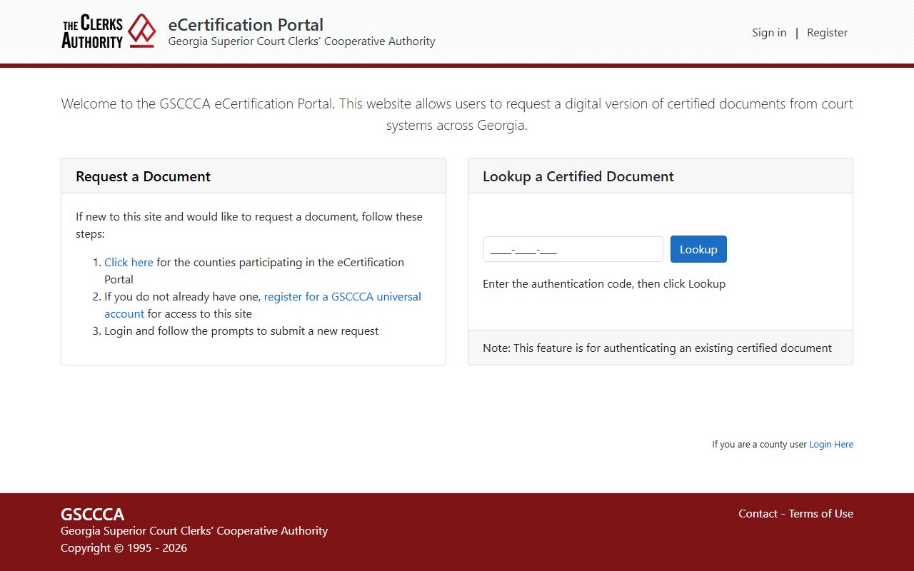 GSCCCA eCertification portal for requesting certified dissolution of marriage documents online in Georgia