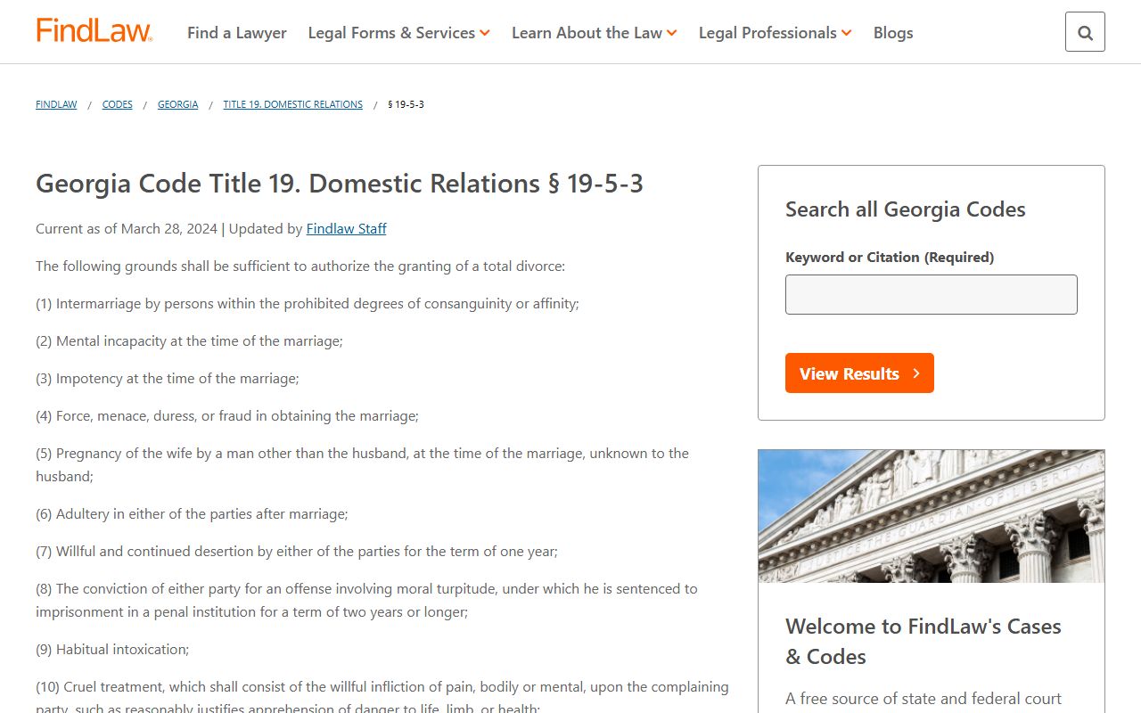 FindLaw Georgia dissolution of marriage statute page showing O.C.G.A. Section 19-5-3 grounds for divorce