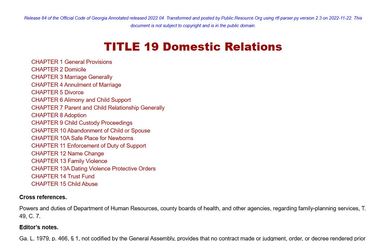 UniCourt Georgia Title 19 domestic relations code page with full dissolution of marriage statutes and judicial decisions